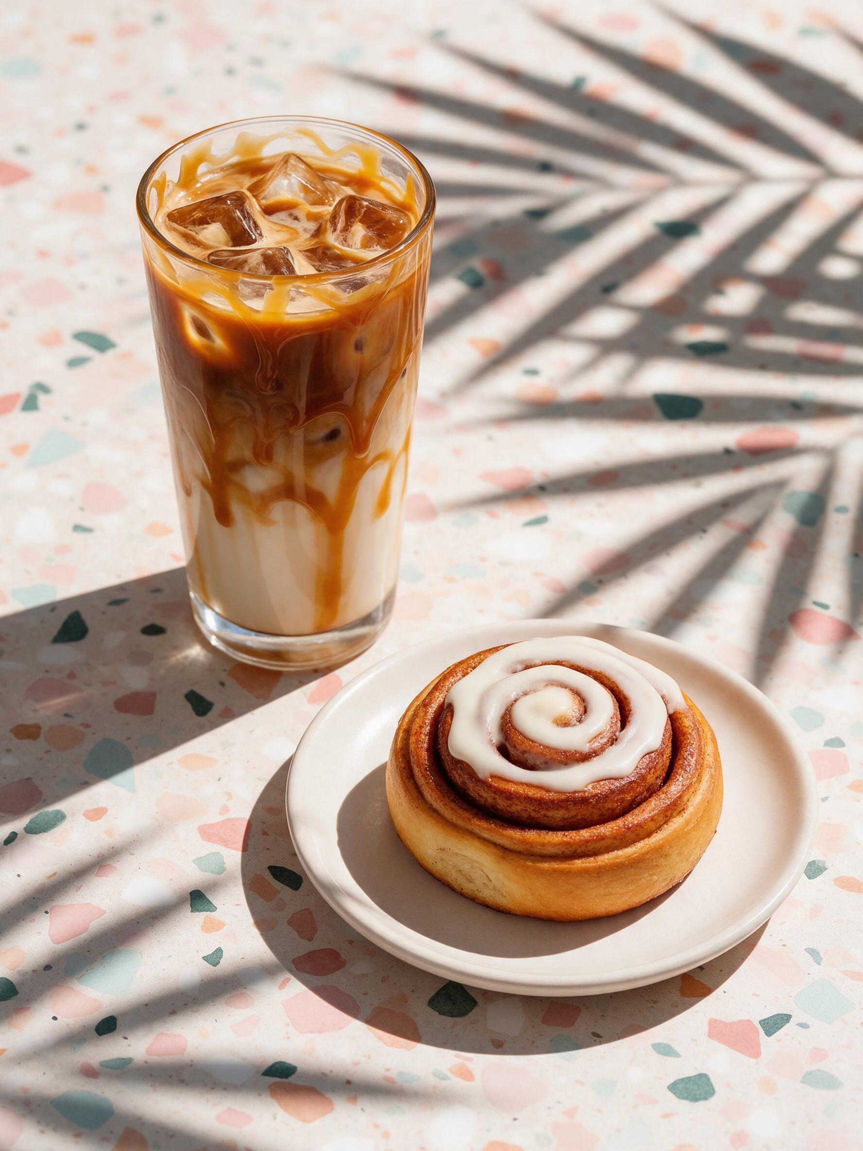 Iced caramel latte and a glazed cinnamon roll on a terrazzo table with palm-leaf shadows