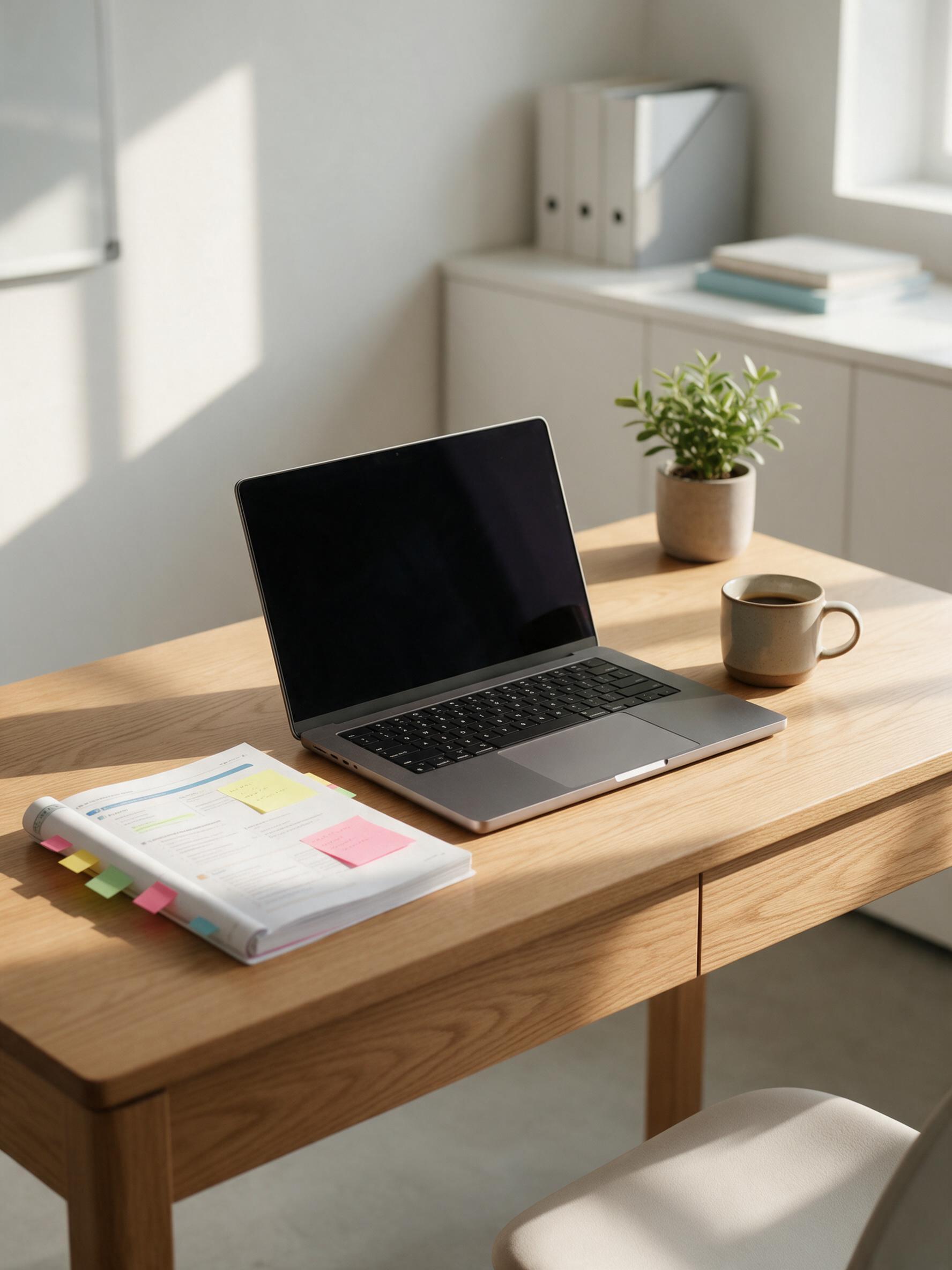 Open laptop, notebook and coffee cup on a sunlit wooden desk