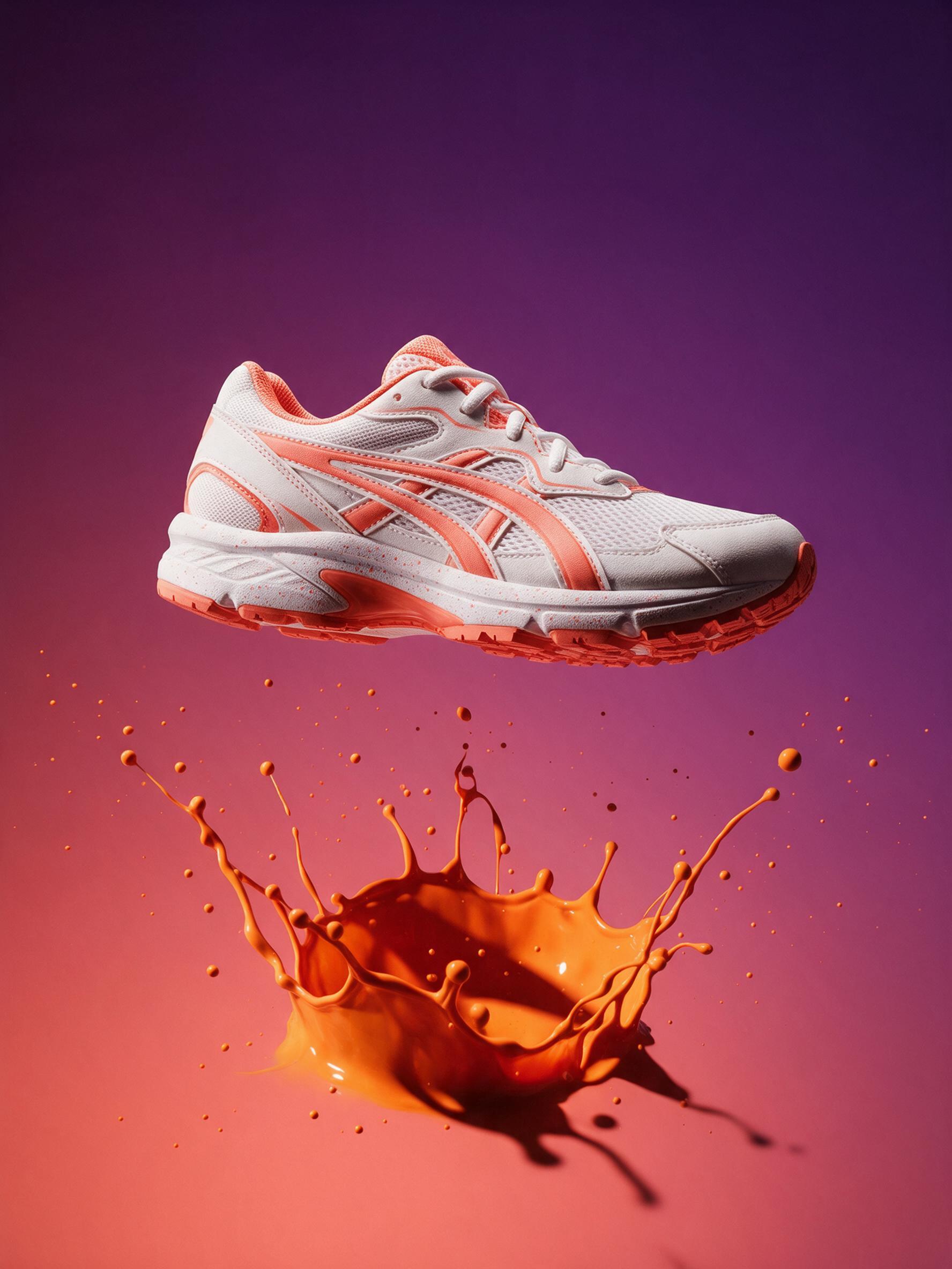 White and coral running shoe floating above a splash of orange liquid on a purple background